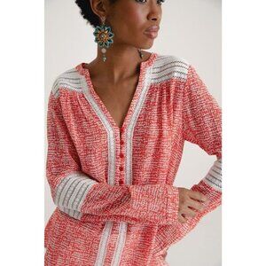 DVF DIANE VON FURSTENBERG Gaylen Red Silk Cotton Lace Trim Tunic Blouse, Size 10